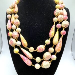 Hong Kong Vintage Acrylic Triple Strand Beaded Necklace Pink Yellow Cream